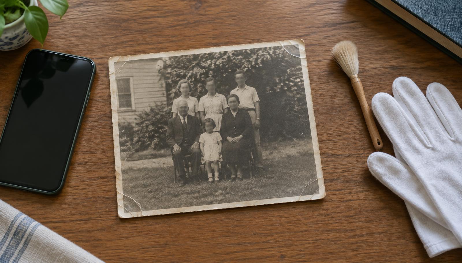 An old black and white family photograph on a wooden desk next to a phone, a soft brush and cotton gloves